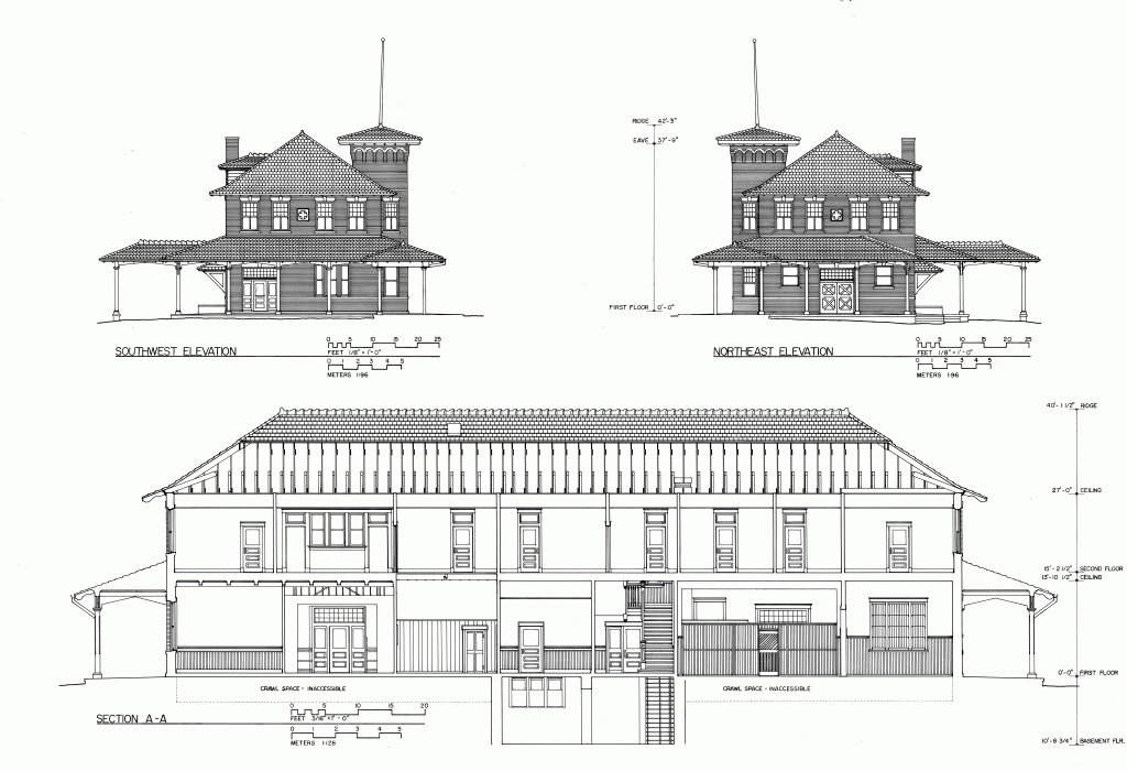elevation and section plans Free model railroad plan A.T.S.F. depot Hardeman Pass