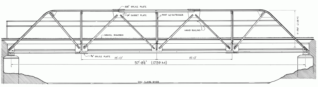 free model railroad bridge plan, A simple Warren truss bridge, Range Line Road Bridge in Antigo Wisconsin