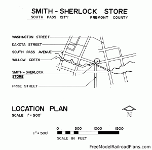 free model railroad plans, commercial buildings, general store, smith-sherlock, location plan