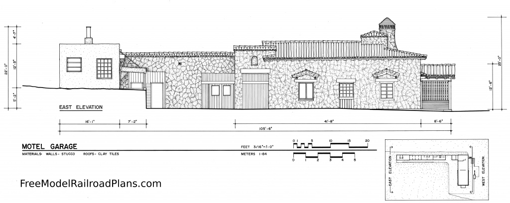 East, Elevation, Death Valley, Ranch, garage, long shed, bunkhouse, Southwestern, model railroad, layout