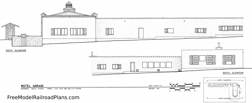 South, elevation, Death Valley, Ranch, garage, long shed, bunkhouse, Southwestern, model railroad, layout