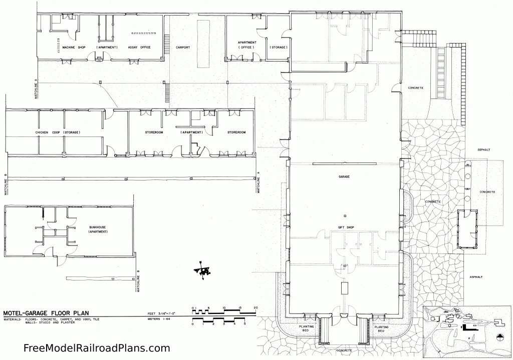 Floor, plan, Death Valley, Ranch, garage, long shed, bunkhouse, Southwestern, model railroad, layout