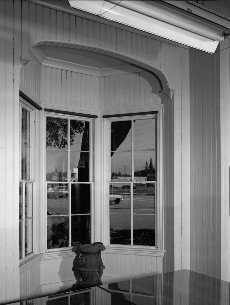 Interior detail of the bay window in the San Francisco and San Jose Railroad Company Menlo Park, California depot.  Photography by Jack E. Boucher, 1974