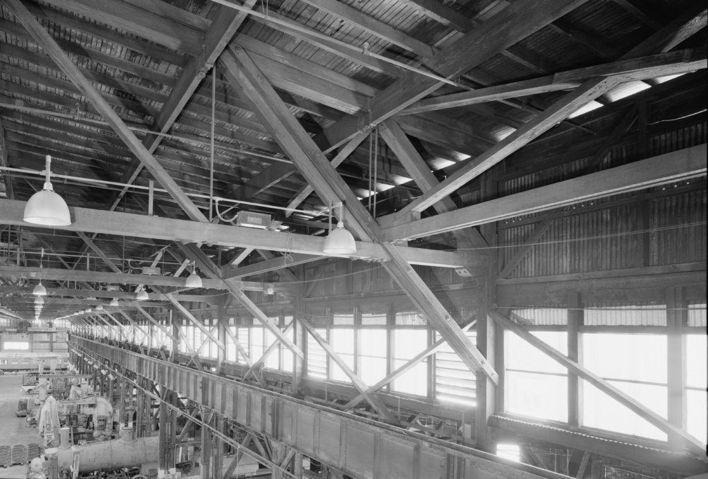 Southern Pacific Sacramento Shops Boiler shop interior with lateral bracing, looking northeast from overhead crane. Jet Lowe, photographer