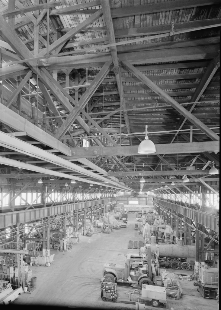 Southern Pacific Sacramento Shops Boiler shop interior, looking north from overhead crane. Jet Lowe, photographer