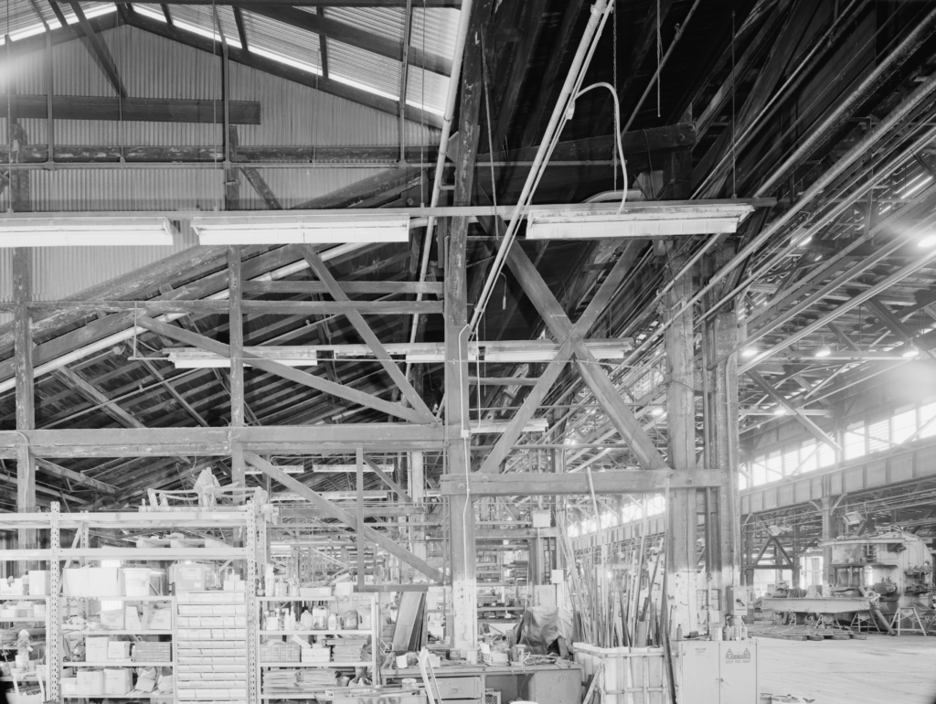 Southern Pacific Sacramento Shops Boiler shop, riveting tower bay structure, looking north. Jet Lowe, photographer