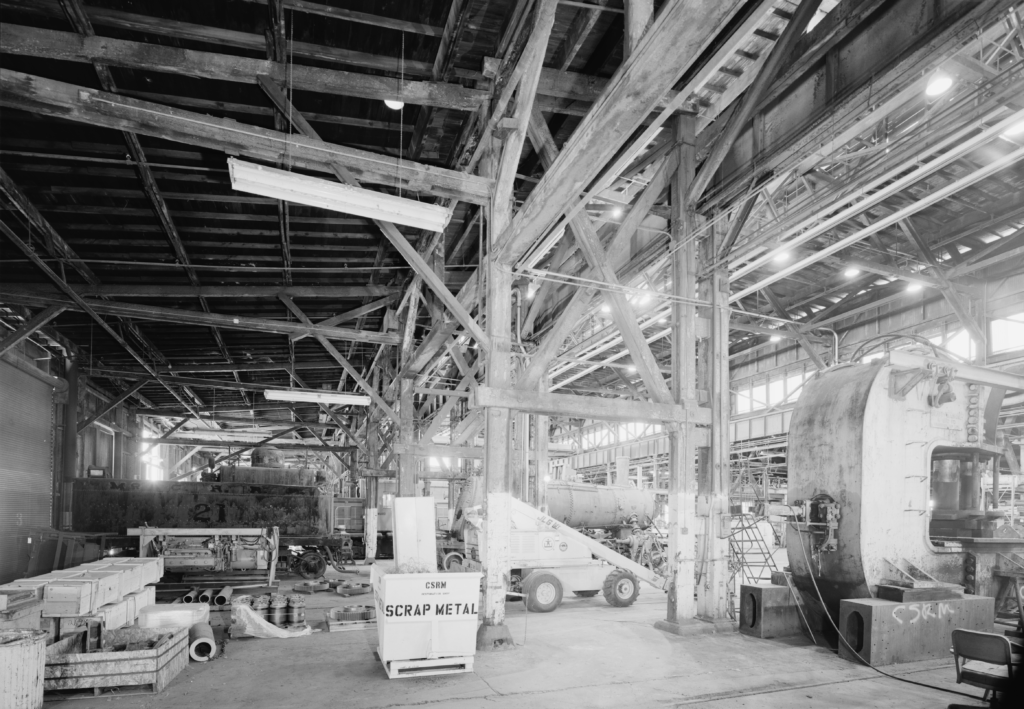 Southern Pacific Sacramento Shops Boiler shop, east bay structure, looking south. Jet Lowe, photographer