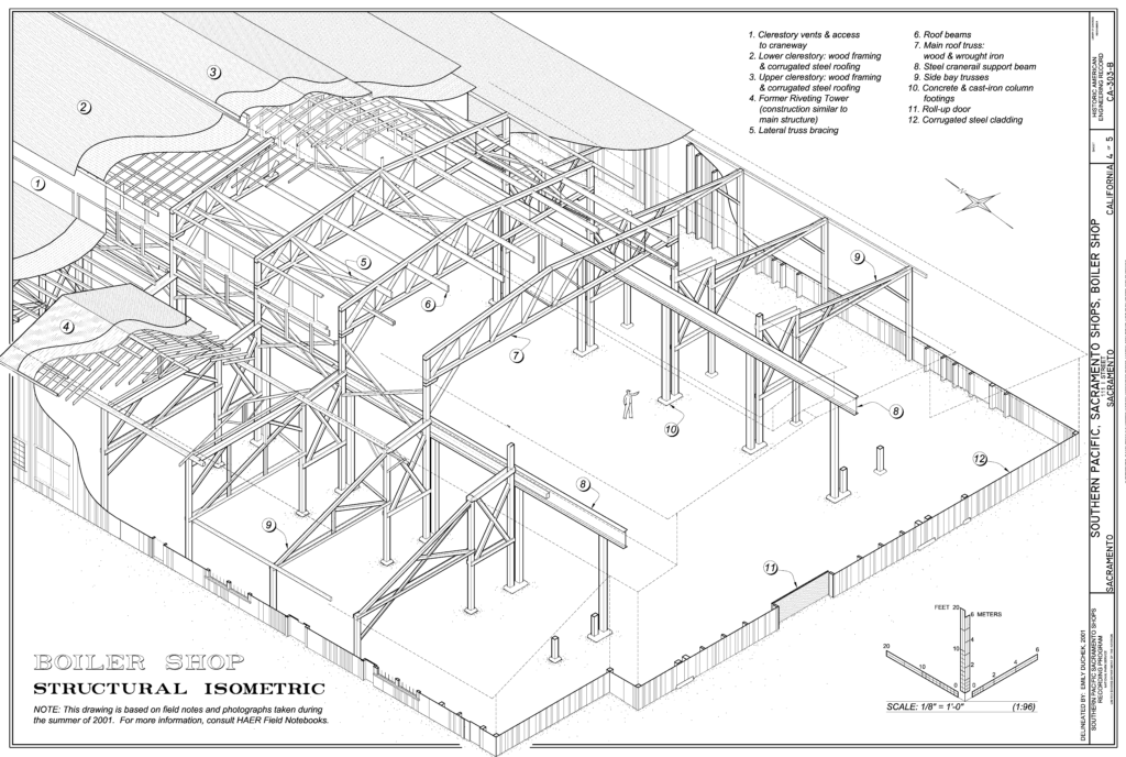 Southern Pacific Sacramento Shops structural isometric drawing