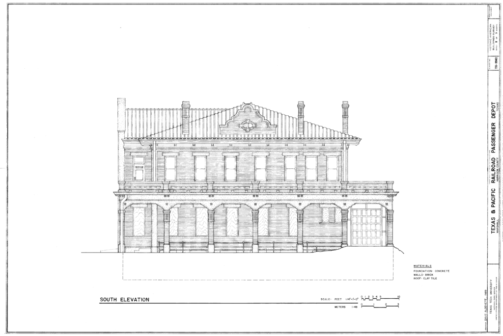 Texas & Pacific Railroad Depot Marshall Texas architectural plans south elevation