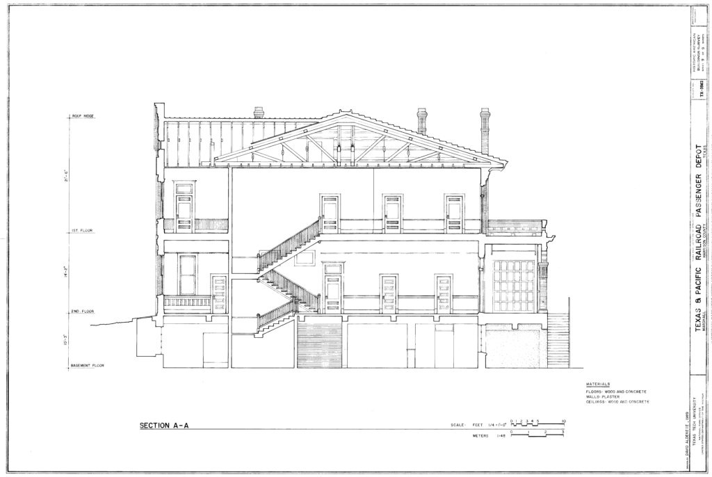Texas & Pacific Railroad Depot Marshall Texas architectural plans secion A-A
