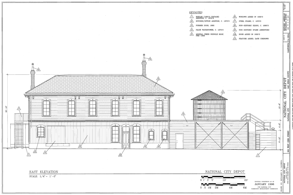 California Southern Railroad terminus depot east elevation plan, before renovations