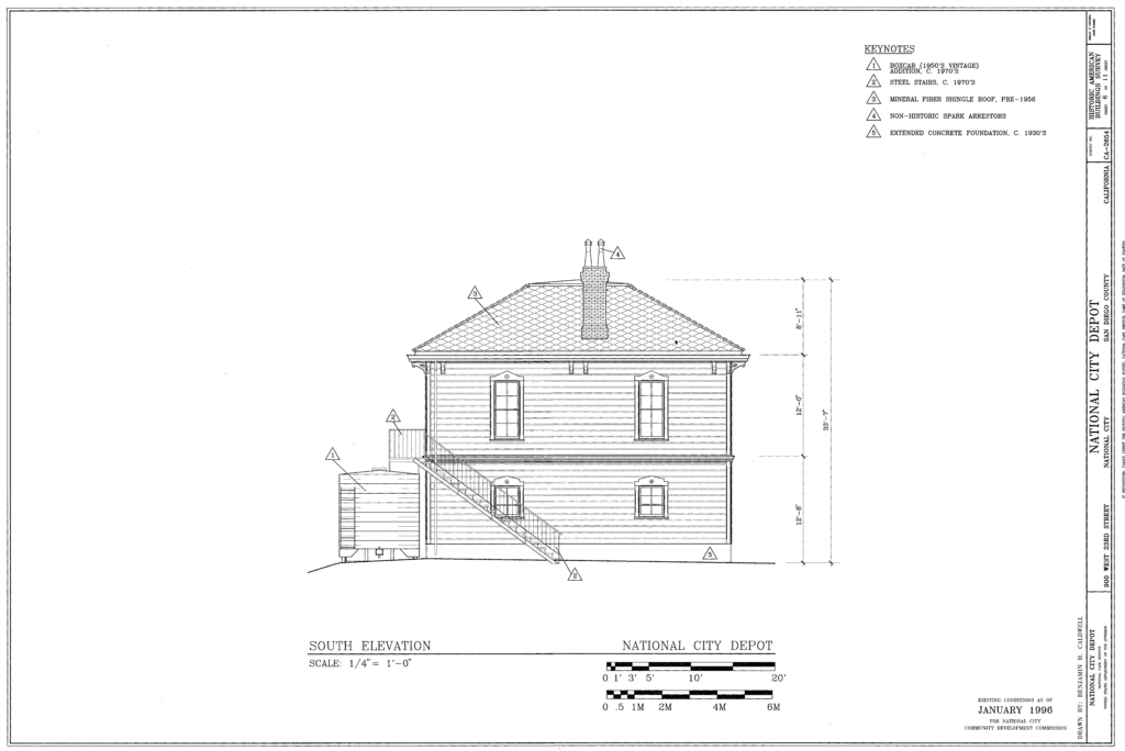 California Southern Railroad terminus depot south elevation plan, before renovations