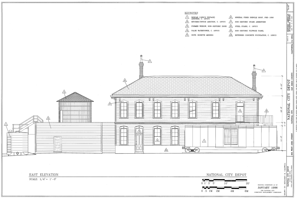 California Southern Railroad terminus depot west elevation plan (incorrectly labeled), before renovations