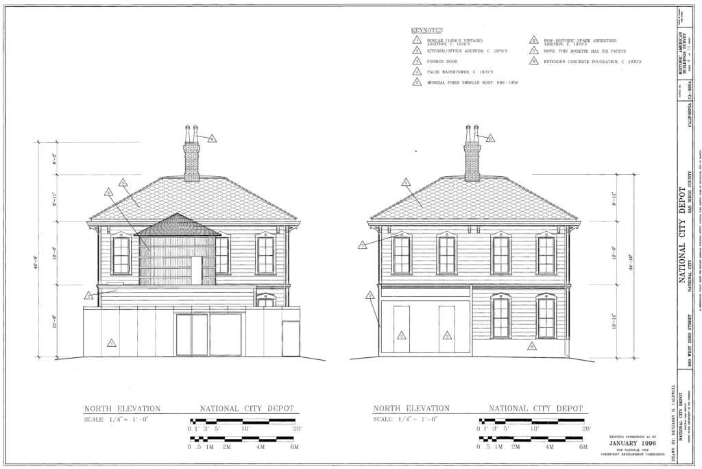 California Southern Railroad terminus depot north elevation plan, before renovations