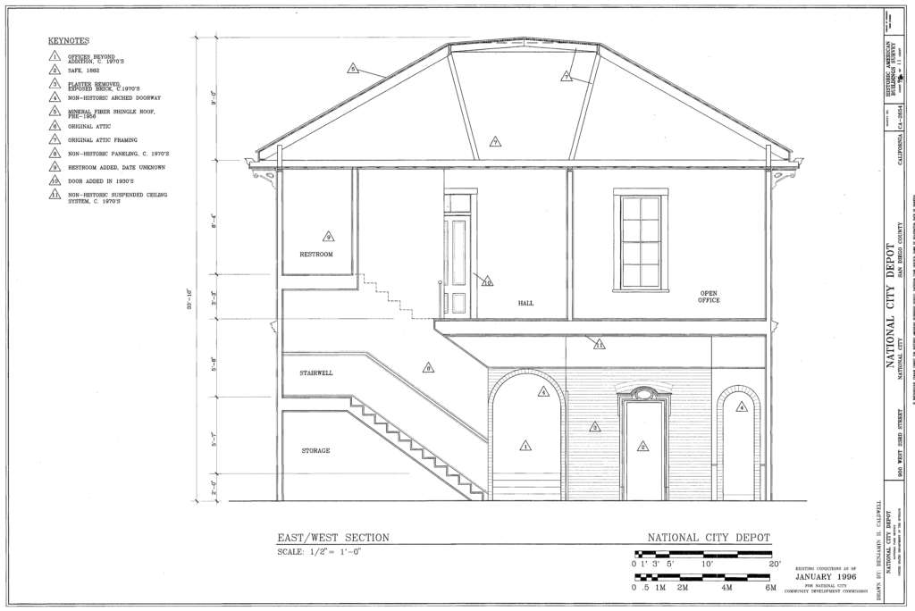 California Southern Railroad terminus depot east/west section plan, before renovations